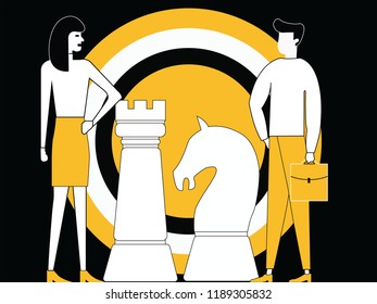 Businesswoman and man planning business Strategy with Chess board horse, elephant Pieces