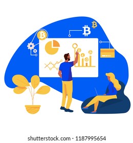 
Businesswoman and man work in team and interact with graphs. Business, workflow management and office situations. Landing page template. isometric illustration.Currency icons set, dollar, euro, pound