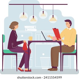 Businesswoman and man working at cafe table, laptop coffee casual meeting. Professionals working remotely at coffee shop vector illustration