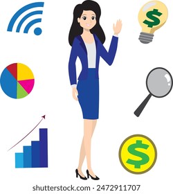 Businesswoman, manager, assistant, secretary, worker, stewardess greeting and smiling, welcoming, wearing formal and elegant suit, exposing, explaining and talking