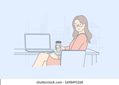 Businesswoman manager in office, lunch, leisure concept. Young happy businesswoman or girl clerk manager, boss sittion on workplace near laptop with plastic cup of coffee. Business advertising. Vector