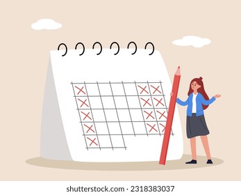 Businesswoman manager put holiday on calendar to make company 4 day work week. 4 day work week, reduce working day to increase efficiency and productivity, flexible work day for employee benefit.