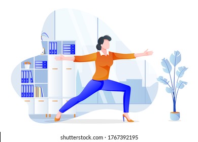 Businesswoman manager stands in warrior pose virabhadrasana. Office yoga 5-minute break. Woman meditating in modern cabinet. Vector character illustration. Healthy lifestyle and relaxing time at work