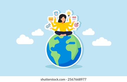 A businesswoman with many hands holding work-related items sits on a globe, illustration of multitasking and multi-talented people taking business to an international scale