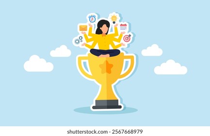 A businesswoman with many hands holding work-related items sits on a trophy, illustration of multitasking and multi-talented people building a leading company