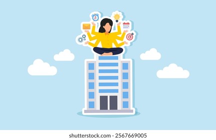 A businesswoman with many hands holding work-related items sits on top of an office building, illustration of multitasking and multi-talented people completing business tasks