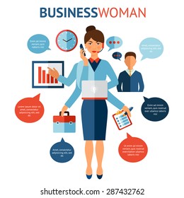 Businesswoman with many hands multitasking design concept flat vector illustration
