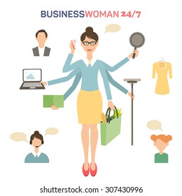 Businesswoman with many hands multitasking design concept flat vector illustration