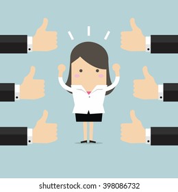 Businesswoman and many hands with thumbs up. Likes and positive feedback concept.