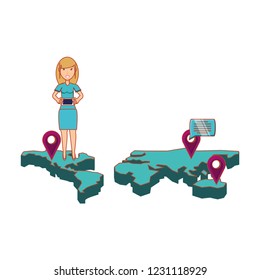 businesswoman in map with smartphone and set icons