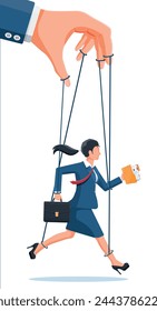 Businesswoman marionette is hanging on ropes. Hand of puppeteer holding business woman on leash. Puppet doll worker, abuse of power, manipulation. Vector illustration in flat style