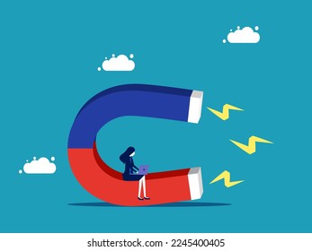 Businesswoman market with magnets to attract people. create attraction concept
