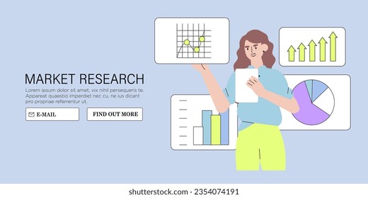 Businesswoman market research and search solutions, strategies and ways of company business improvement. Economic strategy, analysis of sales, statistic, data collection and management.