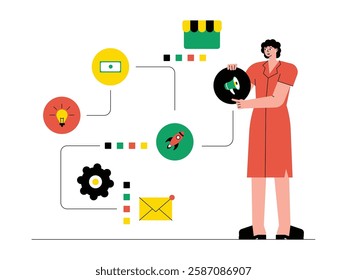 Businesswoman marketing her own business until she gets profit for herself, solopreneur vector illustration.