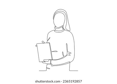 A businesswoman markets her products. Dia de la mujer emprendedora one-line drawing