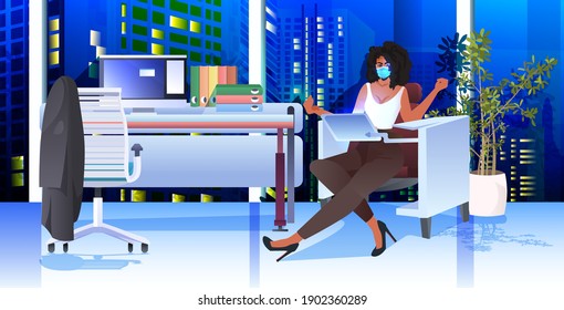 businesswoman in mask sitting at workplace and using laptop coronavirus pandemic concept modern office interior horizontal full length vector illustration