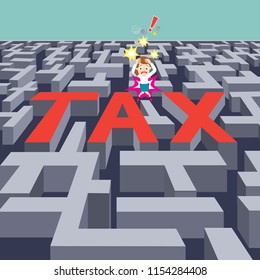 Businesswoman maze with tax problem, illustration vector cartoon

