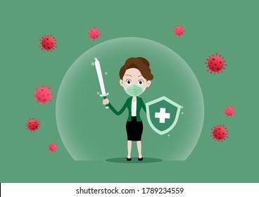 Businesswoman in medical face mask holding sword and shield in the dome of armor that prevents new coronavirus COVID-19, Fight virus concept, Cartoon vector illustration