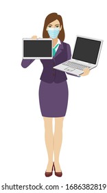 Businesswoman with medical mask holding a laptop notebook and showing blank digital tablet PC. Full length portrait of businesswoman in a flat style. Vector illustration.