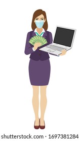 Businesswoman with medical mask holding a laptop notebook and showing a money. Full length portrait of businesswoman in a flat style. Vector illustration.