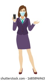 Businesswoman with medical mask holding a mobile phone and gesturing. Full length portrait of businesswoman in a flat style. Vector illustration.