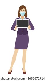 Businesswoman with medical mask  showing blank digital tablet PC. Full length portrait of Businesswoman in a flat style. Vector illustration.