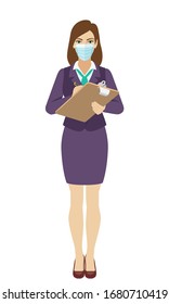 Businesswoman with medical mask writes on the clipboard closeup. Full length portrait of Businesswoman in a flat style. Vector illustration.