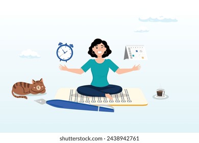 Businesswoman meditate balancing clock or calendar on completed task paper, self discipline or self control to complete work, achieve business target, time management to increase productivity (Vector)