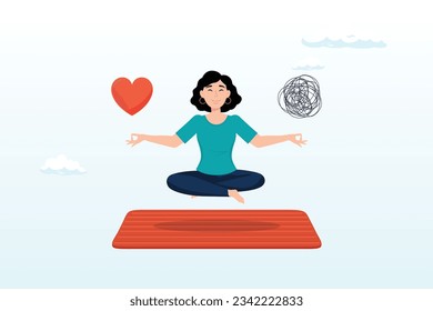 Businesswoman meditate floating balancing messy chaos and work passion heart shape, stress management balance between work concentration and mental health, work life balance, meditation (Vector)