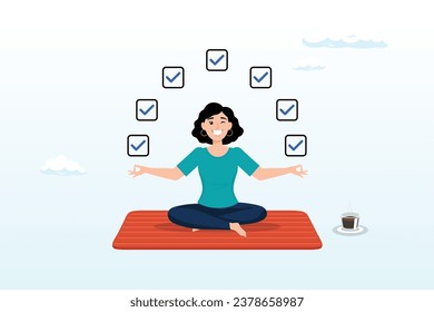 Businesswoman meditate focus on work completed checkbox, work focus, concentration to complete tasks, efficiency or productivity success, multitasking, organize or planning to finish work (Vector)