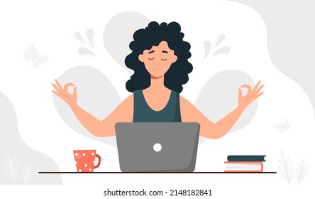 Businesswoman meditate with laptop. Employee burned out at work, psychological support and calmness technique. Remote worker or freelancer at comfortable workplace. Cartoon flat vector illustration