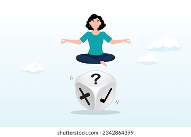 Businesswoman meditate on rolling dice think of result of right, wrong or question mark, business decision, chance and uncertainty to win business, risk, randomness, luck, advice, suggestion (Vector)