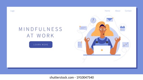 Businesswoman Meditate, Practicing Yoga at Workplace Sitting in front of laptop with calendar, clock, email, text message, documents on background. Office worker or freelancer relaxes landing page