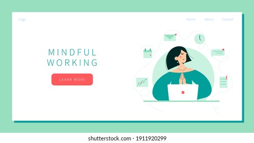 Businesswoman Meditate, Practicing Yoga at Workplace Sitting in front of laptop with calendar, clock, email, text message, documents on background. Office worker or freelancer relaxes landing page