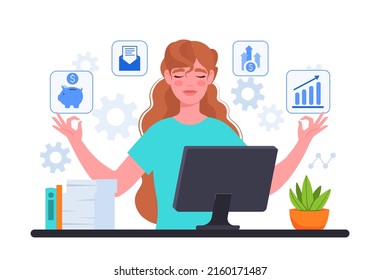 Businesswoman Meditate at workplace. Girl in lotus pose in front of computer, protection from emotional burnout. Calmness and breathing, planning and prioritization. Cartoon flat vector illustration