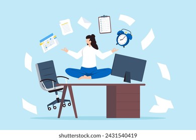 Businesswoman meditates at her office desk with work stuff and papers flying, illustrating employee wellbeing and comfortable workspace. Concept of relaxation, and balance in workplace