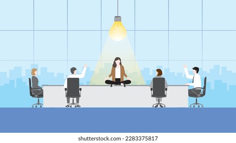 A businesswoman meditates with a light bulb in meeting. The business solution, problem-solving, work idea, creativity, creation, inspiration, imagination, thinking, meditation, and visionary concept.