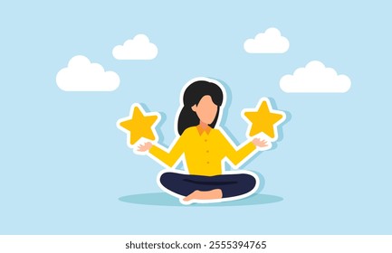 A businesswoman meditates while holding stars in both hands, illustration of contemplating ways to improve business ratings and quality