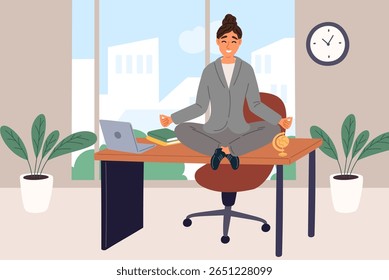 Empresária medita no local de trabalho sentada em pose de lótus. Calma e focada no trabalho. Meditação no escritório. Mulher praticando yoga asana na mesa de trabalho. Equilíbrio de harmonia. Conceito de vetor