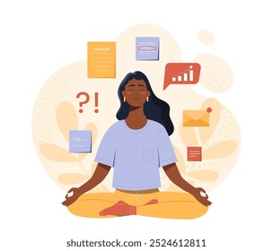 Businesswoman meditating concept. Young girl sitting in lotus position. Wellness and zen, wellbeing. Mental and psychological health. Flat vector illustration isolated on white background