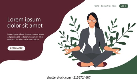 Businesswoman meditating in the office. Vector banner or landing page design