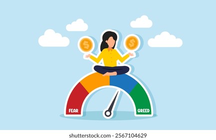 A businesswoman meditating on a fear graph while holding a dollar coin, illustration of business analysis on risks in profit-taking from a business project