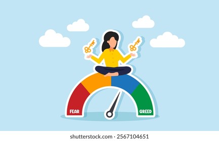 A businesswoman meditating on a fear graph while holding a key, illustration of business analysis on risks in decision-making solutions for business problems