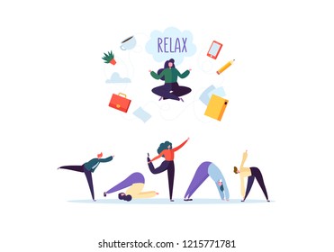 Businesswoman Meditating on Stressful Office Work. Business Characters in Various Relaxation Poses. Meditation Yoga Group Team. Vector illustration