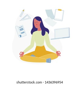 Businesswoman Meditating, Practicing Yoga Meditation at Workplace Sitting in Lotus Pose with Office Supplies Flying around. Relaxation, Positive, Mind Tranquility. Cartoon Flat Vector Illustration