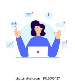 Businesswoman Meditating, Practicing Yoga Meditation at Workplace Sitting in front of laptop with calendar, clock, email, text message, documents on background. Office worker or freelancer relaxes