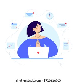 Businesswoman Meditating, Practicing Yoga Meditation at Workplace Sitting in front of laptop with calendar, clock, email, text message, documents on background. Office worker or freelancer relaxes