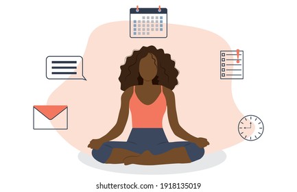 Businesswoman Meditating and Relaxing with calendar, text message, task list, email, clock on background