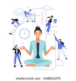 Businesswoman meditating and relaxing in lotus position meditation and yoga in a noisy office. People work in and business, workflow management, and office situations. Flat vector illustration.