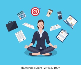 businesswoman meditating, time management, stress relief and problem solving concepts, woman thinking about business in lotus pose. Vector illustration in flat style